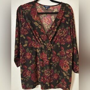Chaps Floral V-Neck Blouse - Red and Green
